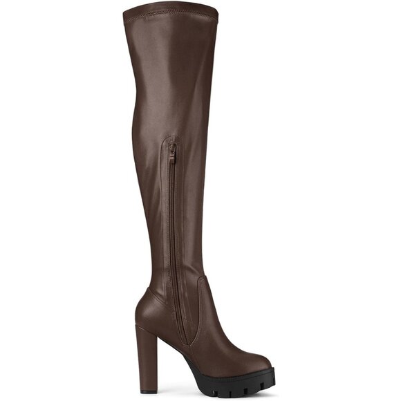 Women's Coffee Platform Boots Chunky Heel Over Knee High Rounded Toe Long Boots - Picture 7 of 7